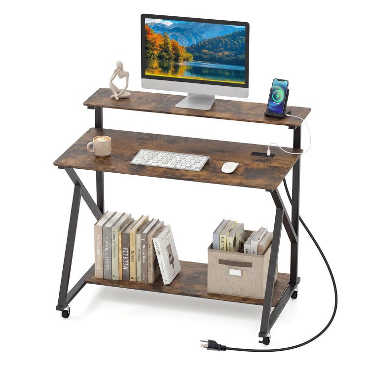 Rolling Computer Desk with Charging Station and Monitor Shelf Storage for Home Office