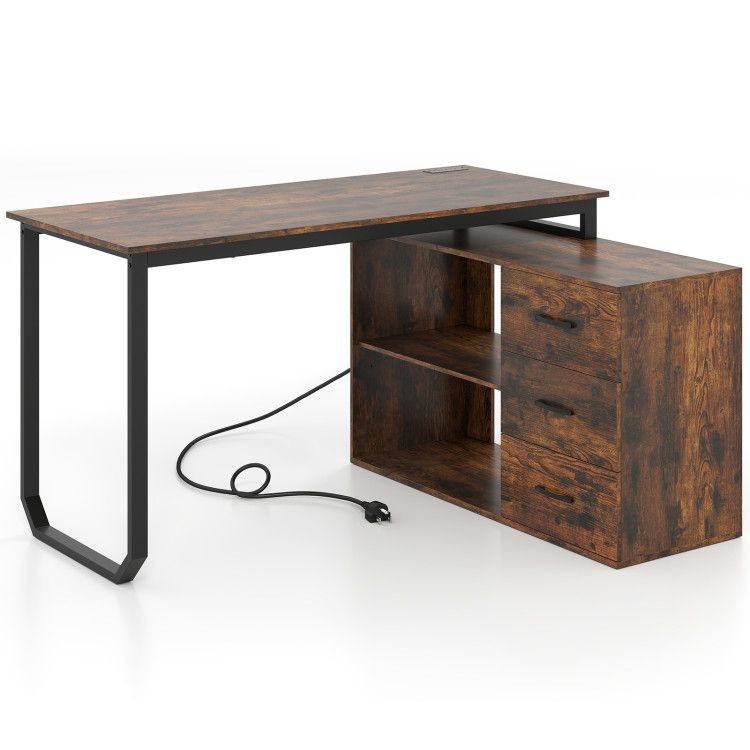 55 Inch Reversible L Shaped Desk with 3 Drawers Home Office Desk with Adjustable Shelf