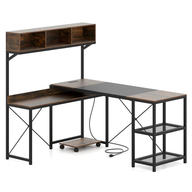 L-Shaped Computer Desk with Power Outlets 62 Inches Corner Desk with Storage Hutch