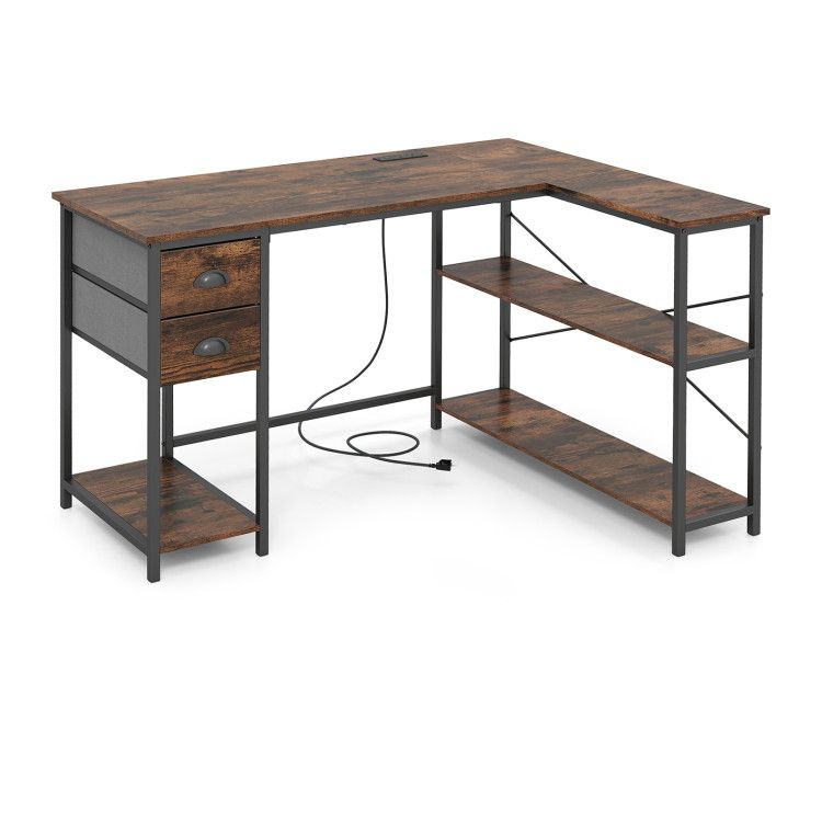 L Shaped Desk with Charging Station Corner Computer Desk with 2 Fabric Drawers L Shaped Desk with Charging Station Corner Computer Desk with 2 Fabric Drawers