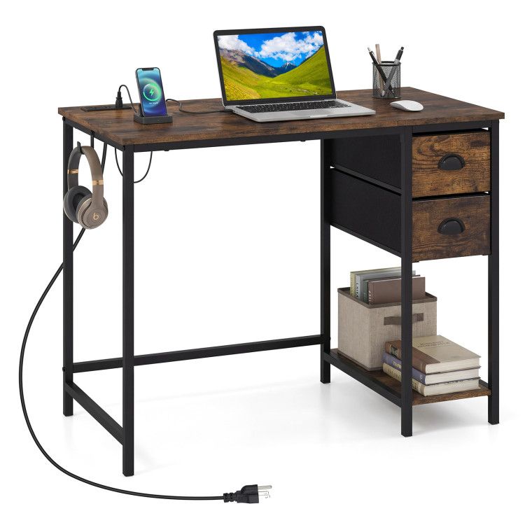 Computer Desk with Charging Station and 2 Fabric Drawers for Small Spaces Computer Desk with Charging Station and 2 Fabric Drawers for Small Spaces