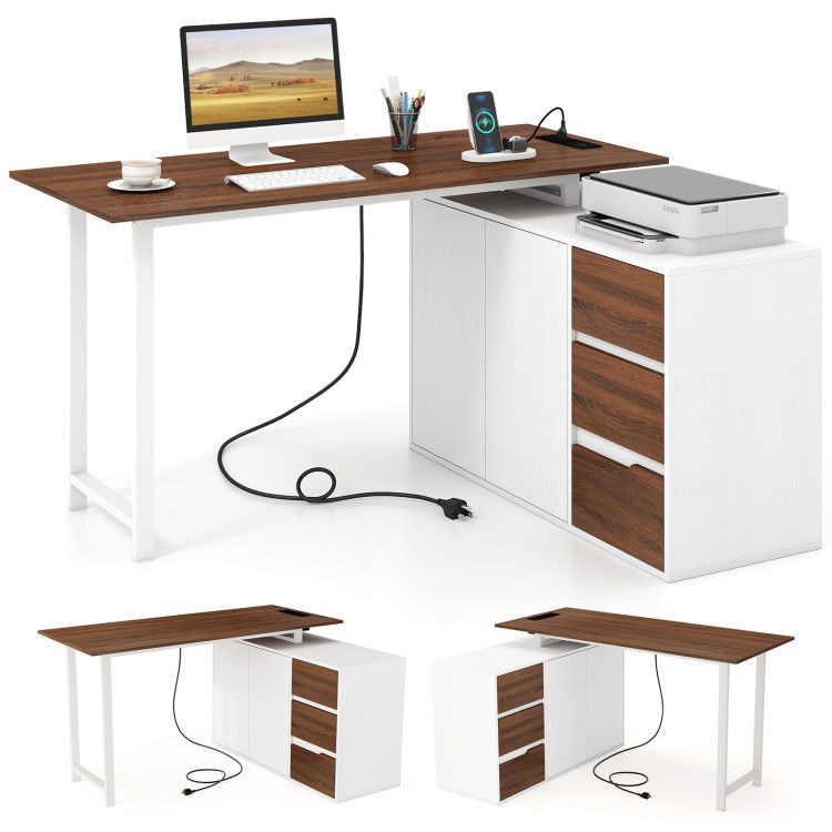 L-Shaped Desk with File Cabinet and Power Outlet Reversible Corner Computer Desk L-Shaped Desk with File Cabinet and Power Outlet Reversible Corner Computer Desk