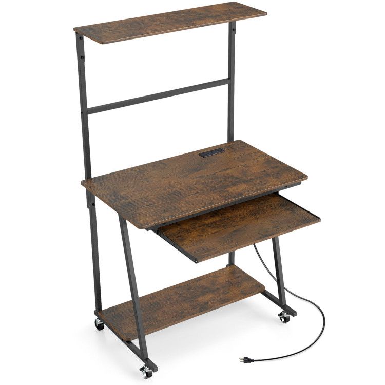 Small Computer Desk with Charging Station and LED Lights Rolling Office Desk