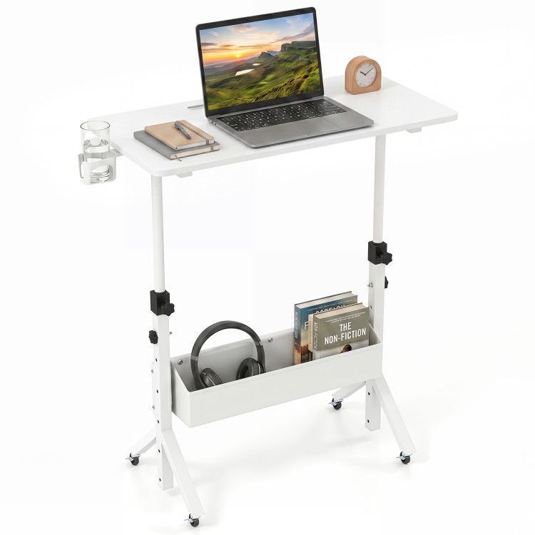 Mobile Standing Desk Height Adjustable Rolling Laptop Desk with Cup Holder Storage Basket Mobile Standing Desk Height Adjustable Rolling Laptop Desk with Cup Holder Storage Basket