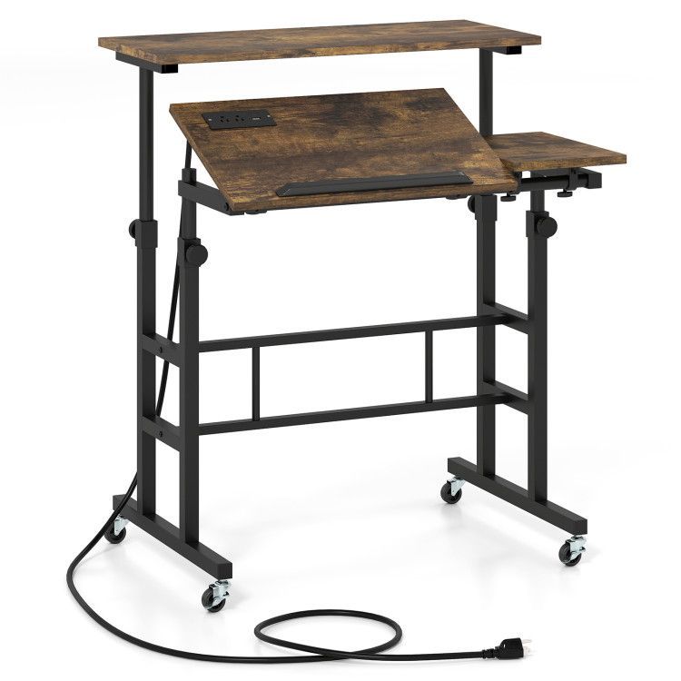 Height Adjustable Mobile Standing Desk with Power Outlets and Portable Rolling Laptop Cart on Wheels Height Adjustable Mobile Standing Desk with Power Outlets and Portable Rolling Laptop Cart on Wheels