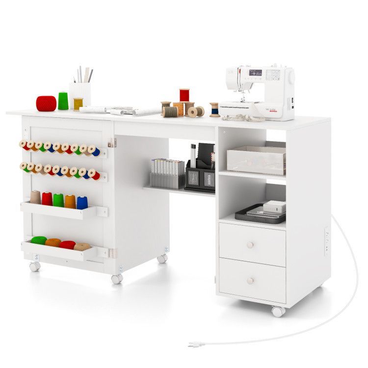 Folding Sewing Table with Charging Station and Storage Shelves Folding Sewing Table with Charging Station and Storage Shelves