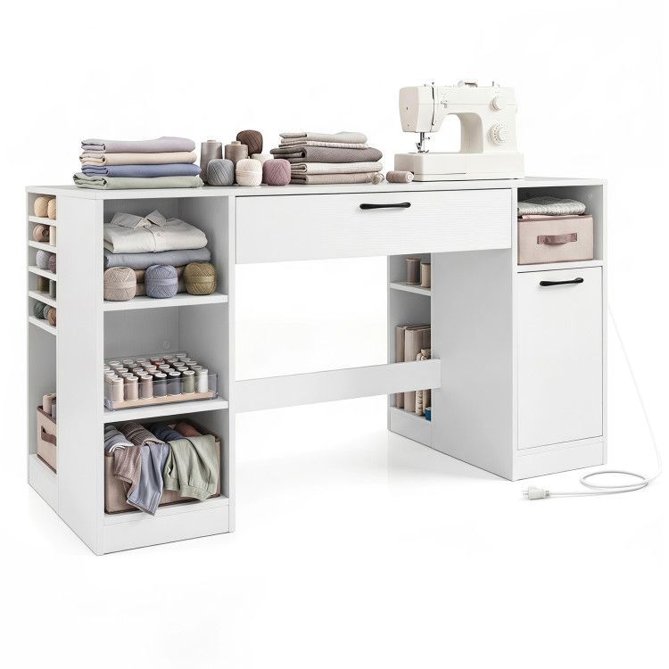 Sewing Table with Power Outlets Craft Station Desk with 2 Drawers Open Compartments