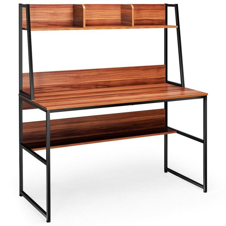 47 Inch Computer Desk with Open Storage Space and Bottom Bookshelf 47 Inch Computer Desk with Open Storage Space and Bottom Bookshelf
