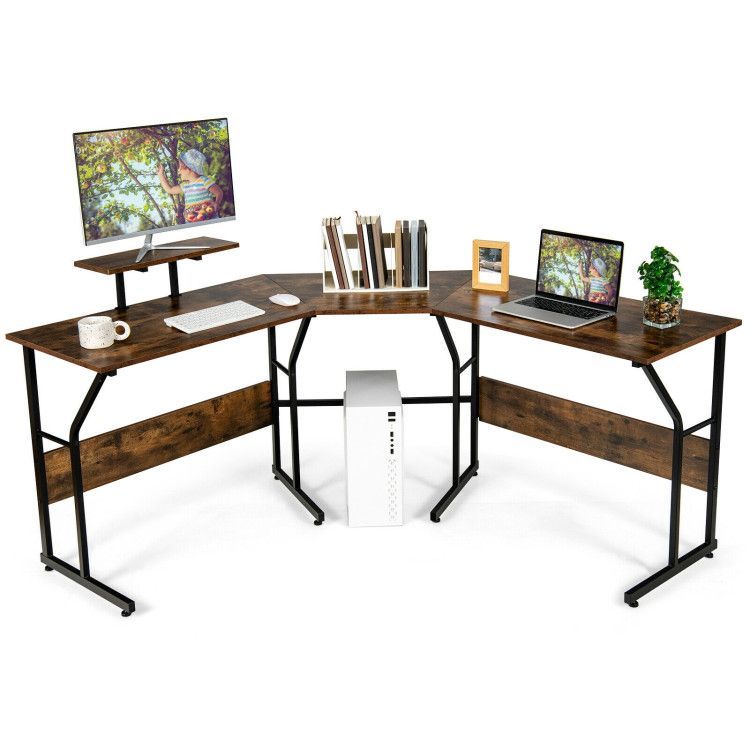 88.5 Inch L Shaped Reversible Computer Desk Table with Monitor Stand 88.5 Inch L Shaped Reversible Computer Desk Table with Monitor Stand