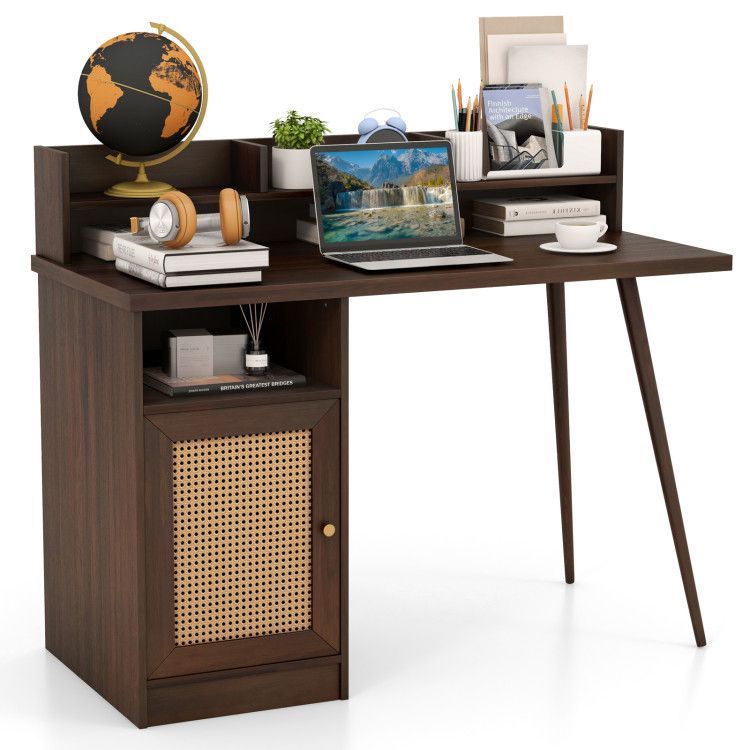48 Inch Computer Desk with Hutch and PE Rattan Cabinet Shelves 48 Inch Computer Desk with Hutch and PE Rattan Cabinet Shelves
