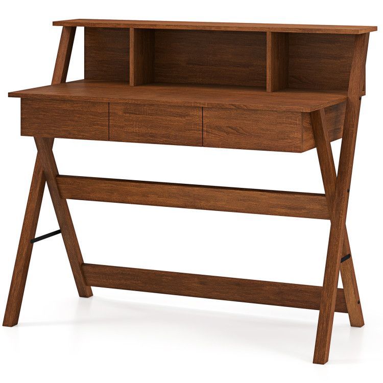 Mid Century Home Office Desk with 3 Storage Drawers and Monitor Stand Mid Century Home Office Desk with 3 Storage Drawers and Monitor Stand