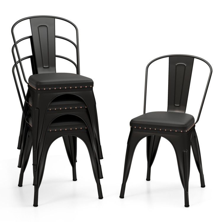 Metal Dining Chair Set of 4 Stackable Kitchen Chairs with Removable Backs and PU Leather Cushioned Seat Metal Dining Chair Set of 4 Stackable Kitchen Chairs with Removable Backs and PU Leather Cushioned Seat