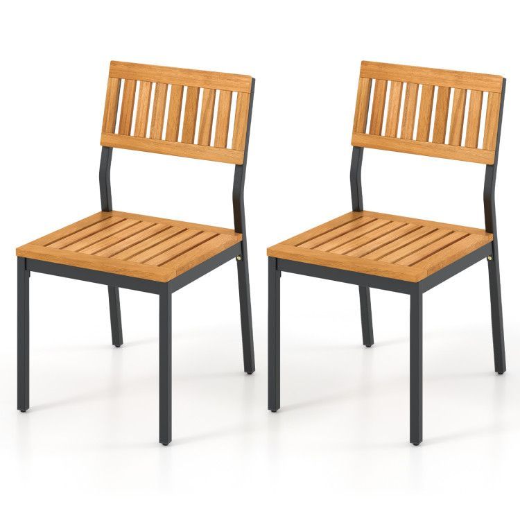 Patio Dining Chair Set of 2 with Metal and Acacia Wood Frame Patio Dining Chair Set of 2 with Metal and Acacia Wood Frame