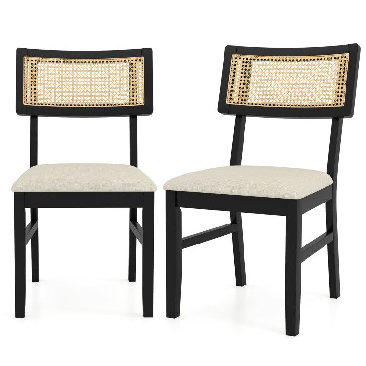 Rattan Dining Chairs Set of 2 Fabric Upholstered Kitchen Chairs with Padded Seat and Rubber Wood Legs Rattan Dining Chairs Set of 2 Fabric Upholstered Kitchen Chairs with Padded Seat and Rubber Wood Legs