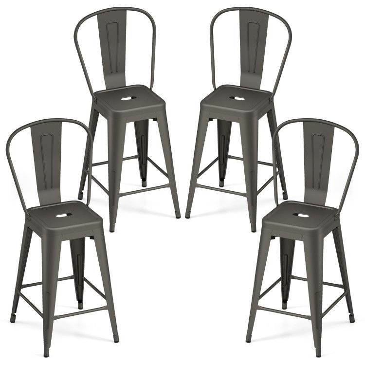 Set of 4 Metal Bar Stools with Backrests and Footrests Set of 4 Metal Bar Stools with Backrests and Footrests