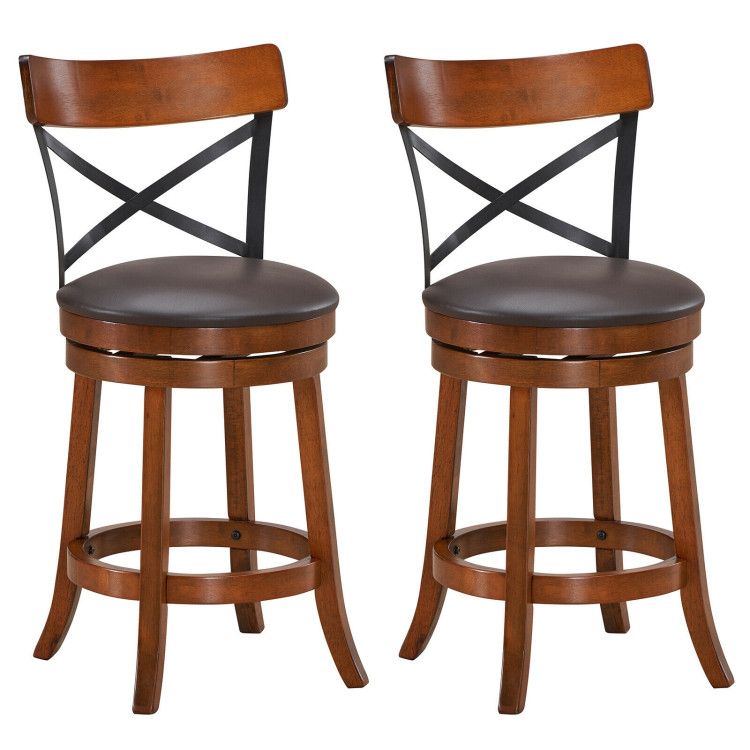 Set of 2 Bar Stools 360-Degree Swivel Dining Bar Chairs with Rubber Wood Legs Set of 2 Bar Stools 360-Degree Swivel Dining Bar Chairs with Rubber Wood Legs