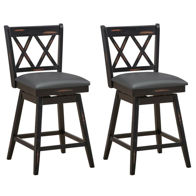 2 Pieces 25 Inch Swivel Counter Height Bar Stools Set with Rubber Wood Legs