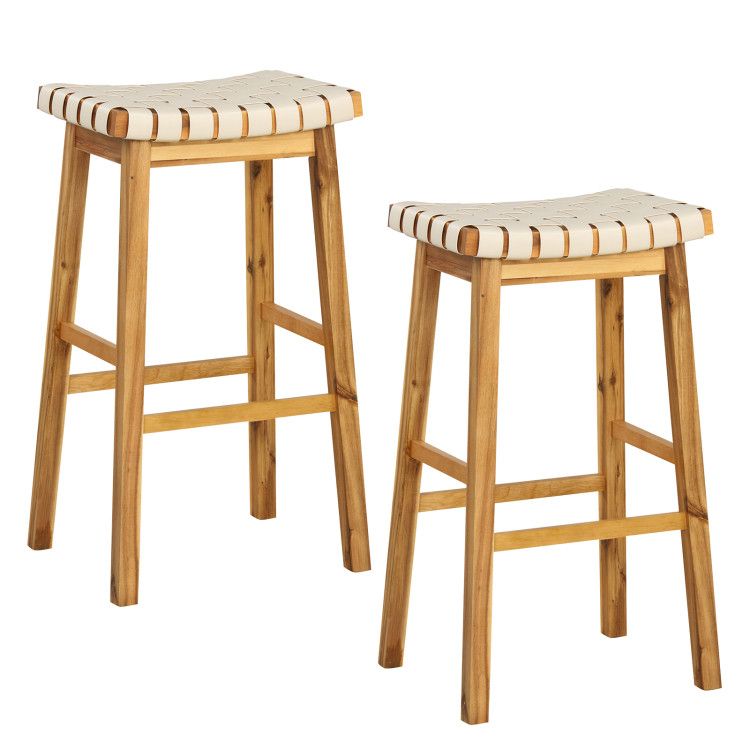 Faux PU Leather Bar Stools Set of 2 with Woven Curved Seat Natural Faux PU Leather Bar Stools Set of 2 with Woven Curved Seat Natural