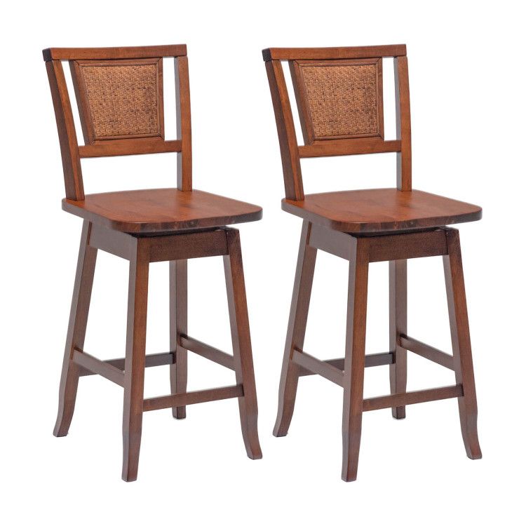 2 Pieces 24.5 Inch Bar Stools with Rattan Back and Swivel Seat 2 Pieces 24.5 Inch Bar Stools with Rattan Back and Swivel Seat