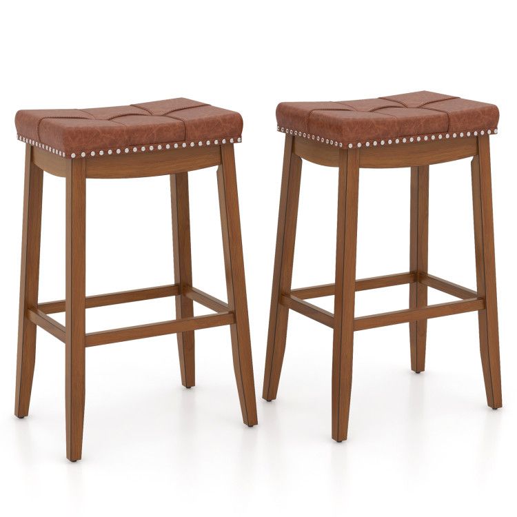 25/29 Inch Set of 2 Upholstered PU Leather Bar Stools with Saddle Seat 25/29 Inch Set of 2 Upholstered PU Leather Bar Stools with Saddle Seat