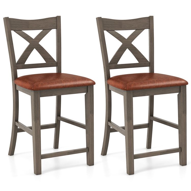 Bar Stools Set of 2 with Cross Back and Faux Leather Upholstered Seat Bar Stools Set of 2 with Cross Back and Faux Leather Upholstered Seat