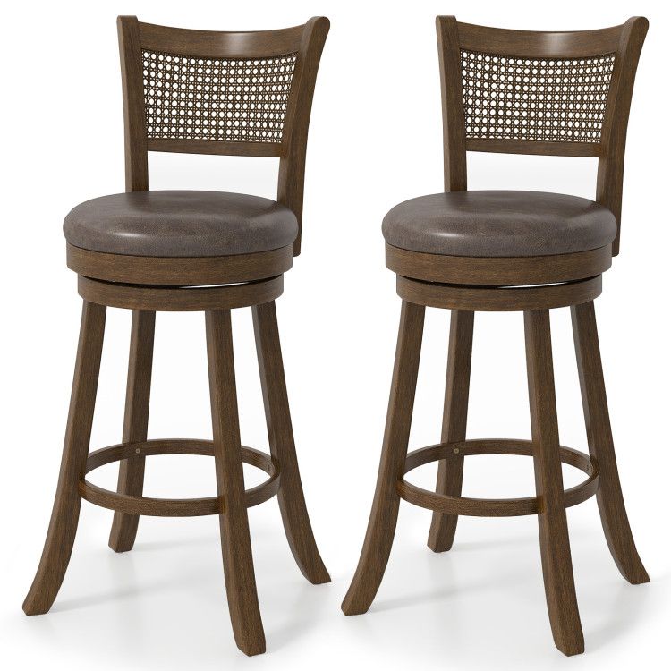 29 Inches Swivel Counter Height Barstool Set of 2 with Rattan Backrest and Footrest