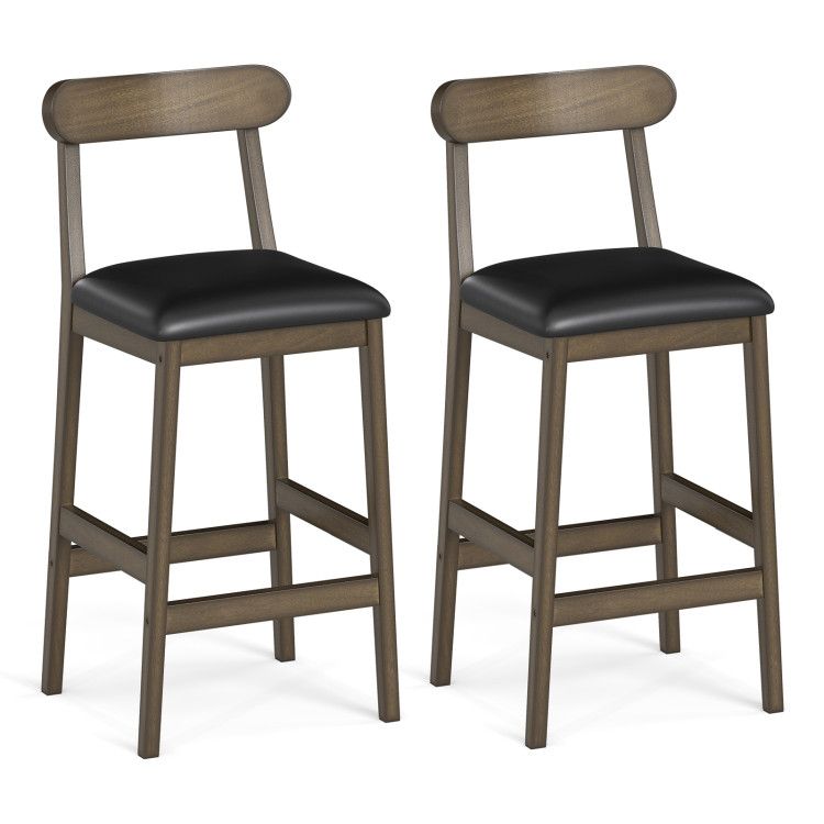 Set of 2 Bar Stools Upholstered with Rubber Wood Legs and Footrests