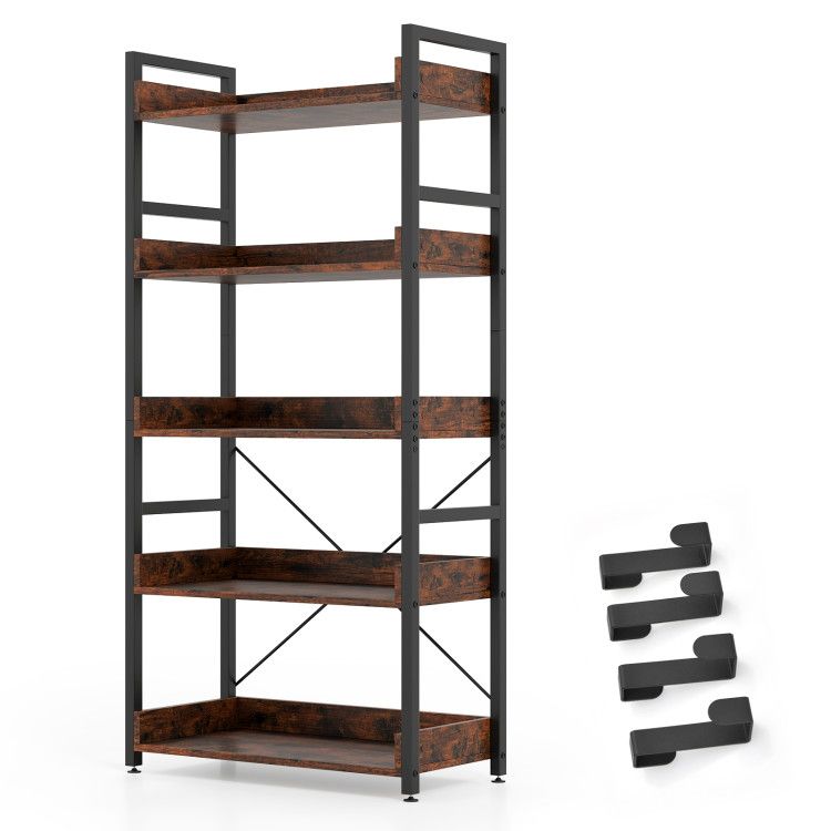 5-Tier Bookshelf with 4 Hooks Industrial Storage Bookcase 5-Tier Bookshelf with 4 Hooks Industrial Storage Bookcase