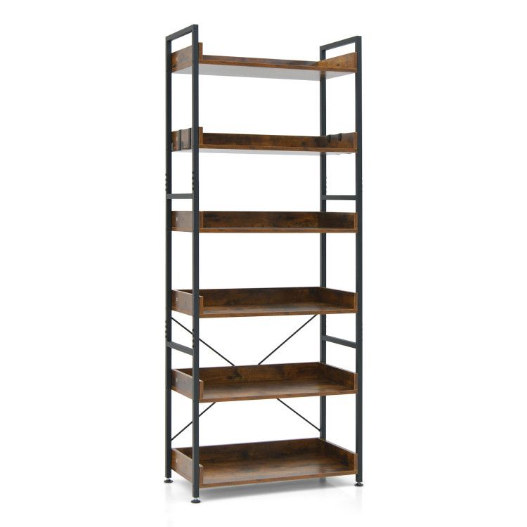 6-Tier Tall Industrial Bookcase with Open Shelves and 4 Hooks 6-Tier Tall Industrial Bookcase with Open Shelves and 4 Hooks
