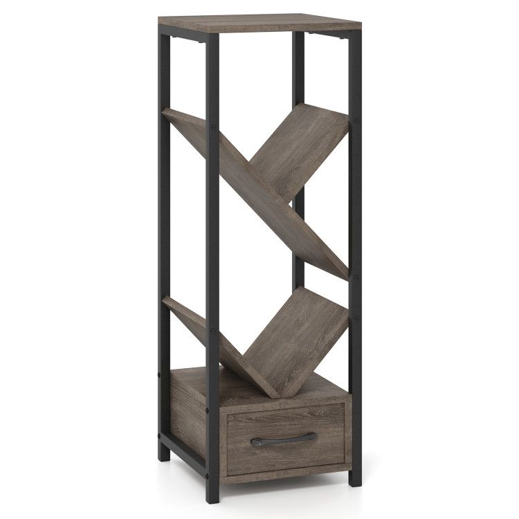 4 Tier Floor Tree Bookshelf with Drawer and Metal Frame 4 Tier Floor Tree Bookshelf with Drawer and Metal Frame