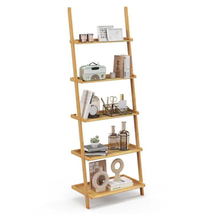 5-Tier Ladder Shelf Bamboo Bookshelf Wall-Leaning Storage Display Plant Stand 5-Tier Ladder Shelf Bamboo Bookshelf Wall-Leaning Storage Display Plant Stand