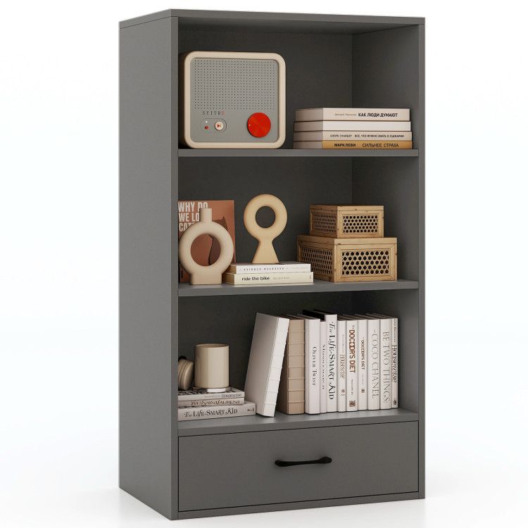 4-Tier Storage Bookcase with Open Shelves Drawer and Anti-toppling Device