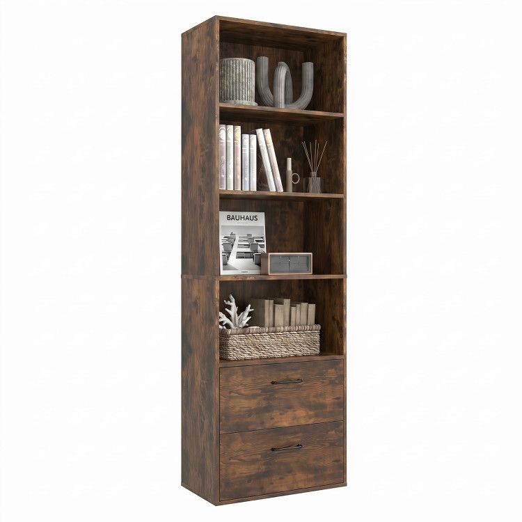 6-Tier Tall Freestanding Bookshelf with 4 Open Shelves and 2 Drawers 6-Tier Tall Freestanding Bookshelf with 4 Open Shelves and 2 Drawers