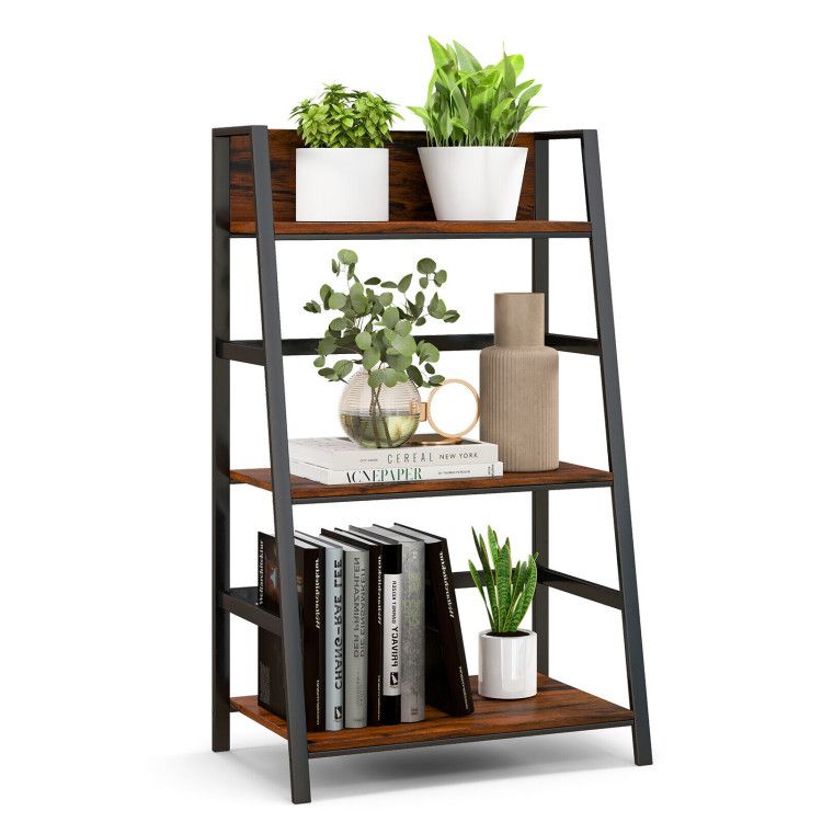 3-Tier Ladder Industrial Bookshelf with Metal Frame Display Shelf 3-Tier Ladder Industrial Bookshelf with Metal Frame Display Shelf