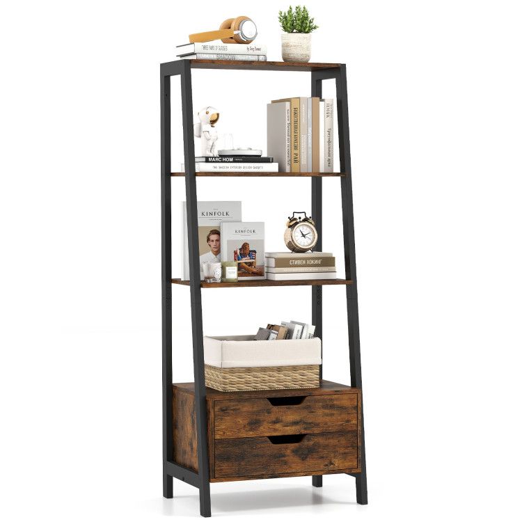4-Tier Ladder Shelf with 2 Drawers 52.5 Inch Tall Freestanding Bookcase 4-Tier Ladder Shelf with 2 Drawers 52.5 Inch Tall Freestanding Bookcase