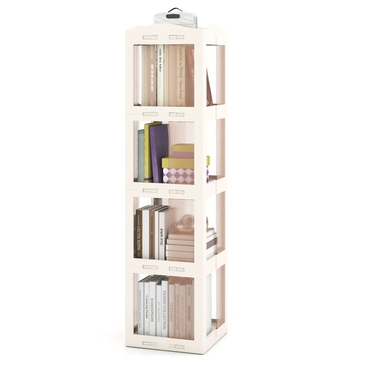 4-Tier Foldable Rotating Bookshelf with Swivel Base and Translucent Panels 4-Tier Foldable Rotating Bookshelf with Swivel Base and Translucent Panels