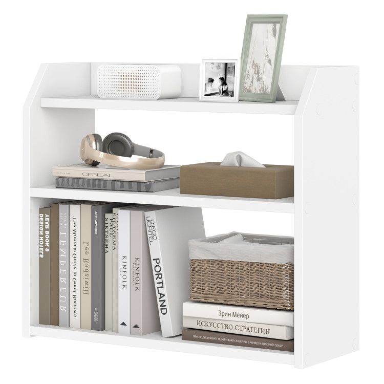 3-Tier Desktop Bookshelf Wooden Countertop Bookcase with Raised Top Guardrails 3-Tier Desktop Bookshelf Wooden Countertop Bookcase with Raised Top Guardrails
