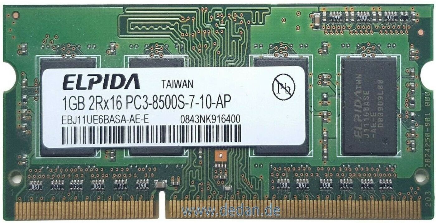 Elpida 1GB Notebook Speicher  2Rx16 PC3- 8500S