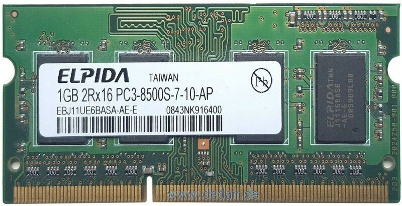 Elpida 1GB Notebook Speicher 2Rx16 PC3- 8500S Elpida 1GB Notebook Speicher 2Rx16 PC3- 8500S