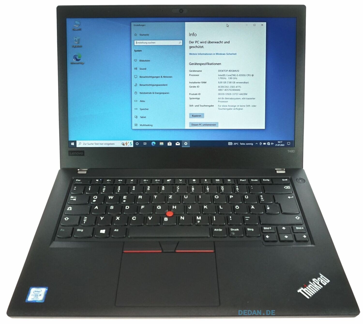 LENOVO ThinkPad T480 i5 1,7 GHz 256 GB SSD 8 GB RAM Win 11/10