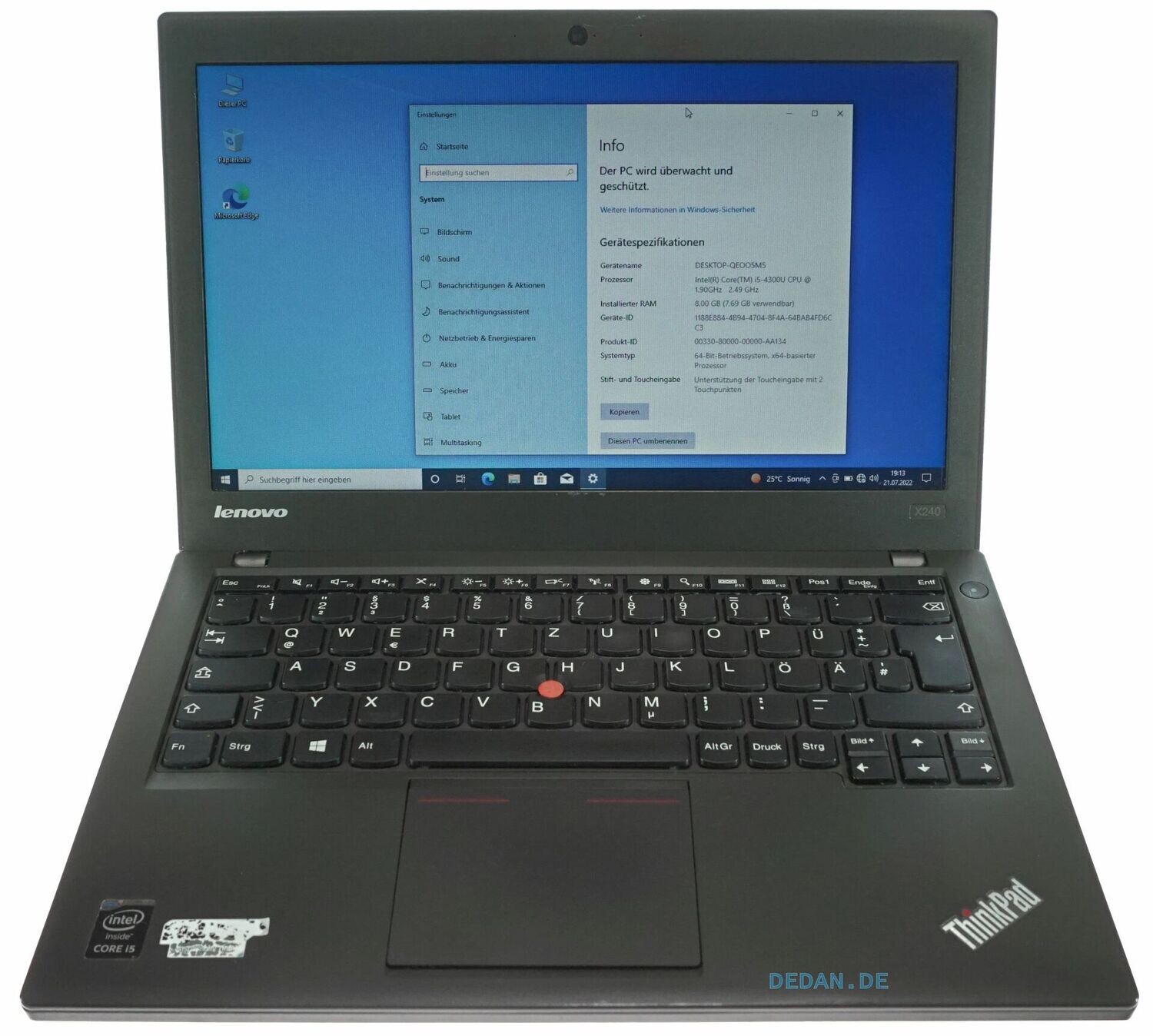 LENOVO ThinkPad X240 i5 1,9 GHz 256 SSD 8 GB RAM WIN 10