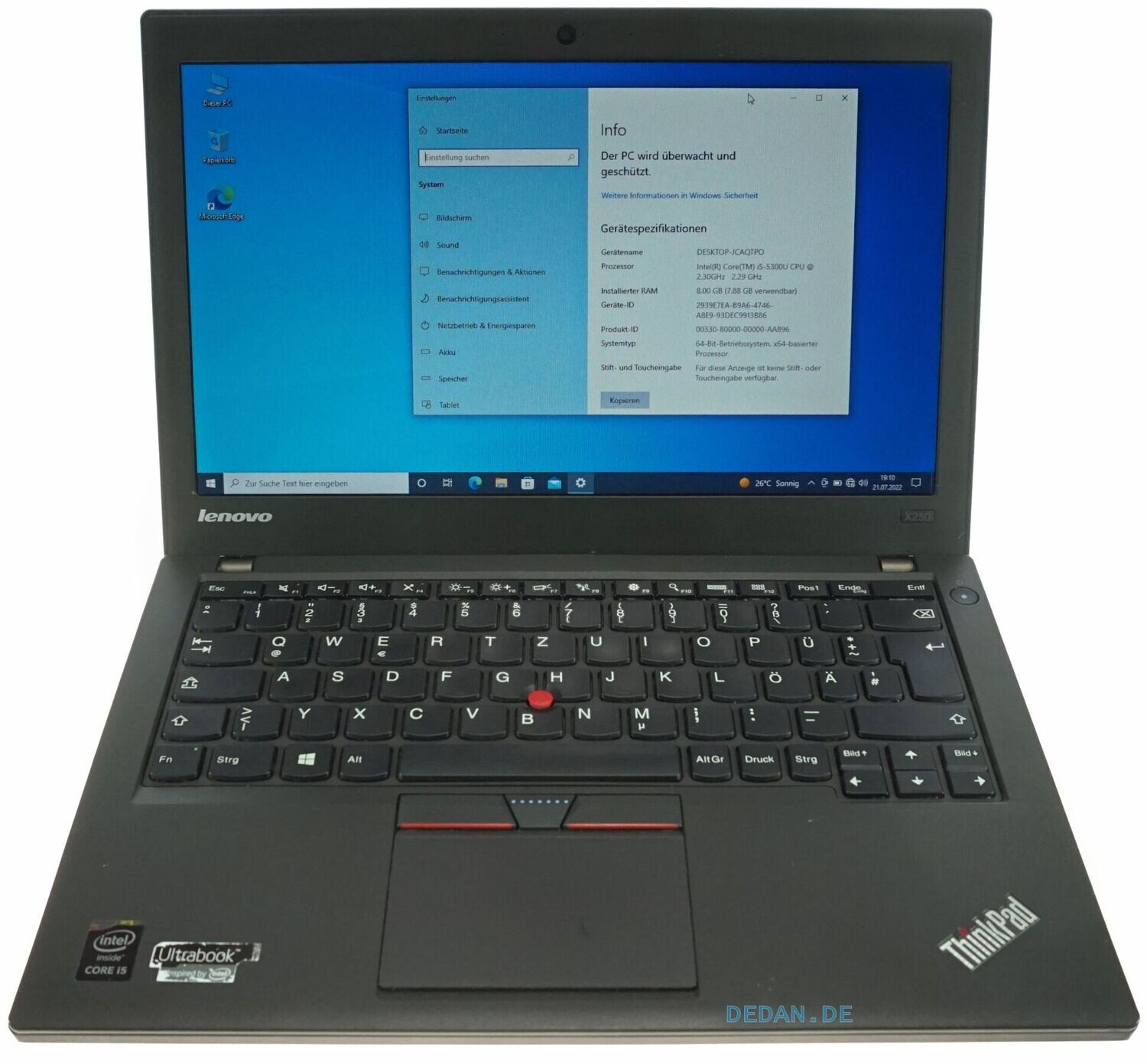 LENOVO ThinkPad X250 i5 2,3 GHz 256 SSD 8 GB RAM WIN 10