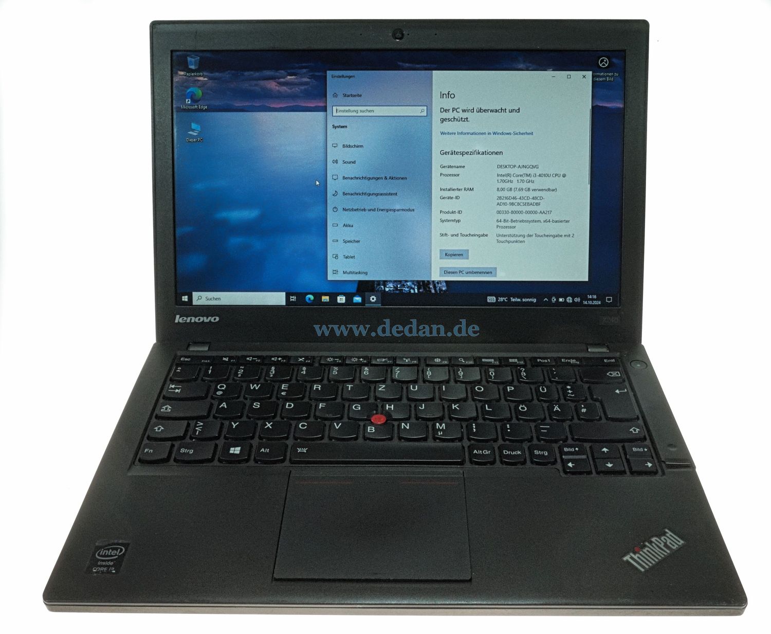 LENOVO ThinkPad X240 i3 1,7 GHz 256 SSD 8 GB RAM WIN 10