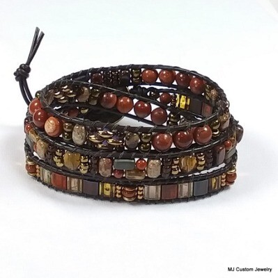 Brecciated Red Jasper Triple Wrap Leather Bracelet