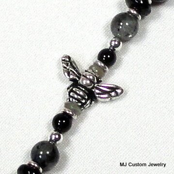 Black Agate & Labradorite Silver Honey Bee Necklace
