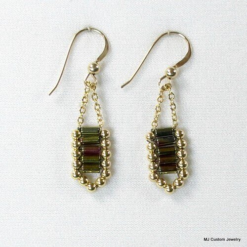 Rainbow Hematite Dangling Art Deco 14k GF Earrings