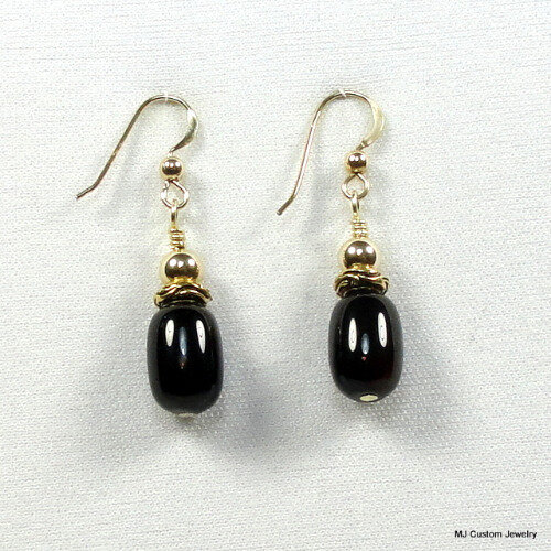 Black Agate Barrel Gold Woodland Rondelle Earrings