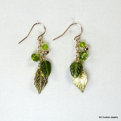 Green Leaves & Crystal Gold Leaf Chain Earrings