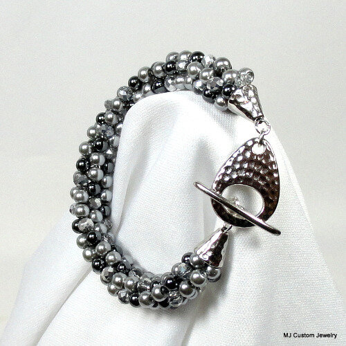 Silver & Gunmetal Pearl & Crystal Hammered Silver Toggle Bracelet