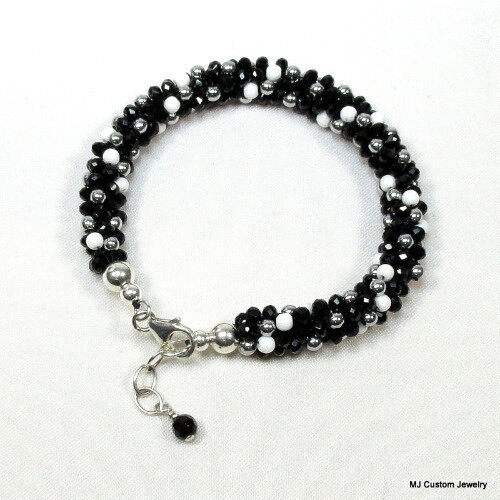 Black & White Crystal & Glass Kumihimo Bracelet